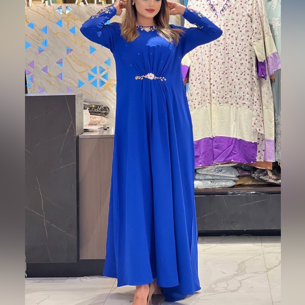 Pakistani Elegant electric Blue Women's Dress with fashionable sleeves